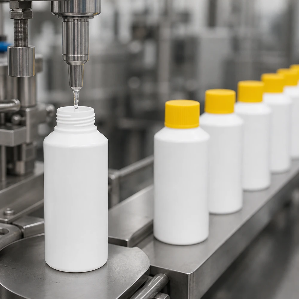 Automatisk påfyllning av vita 50 ml HDPE-apotekflaskor med gula skruvlock på transportband