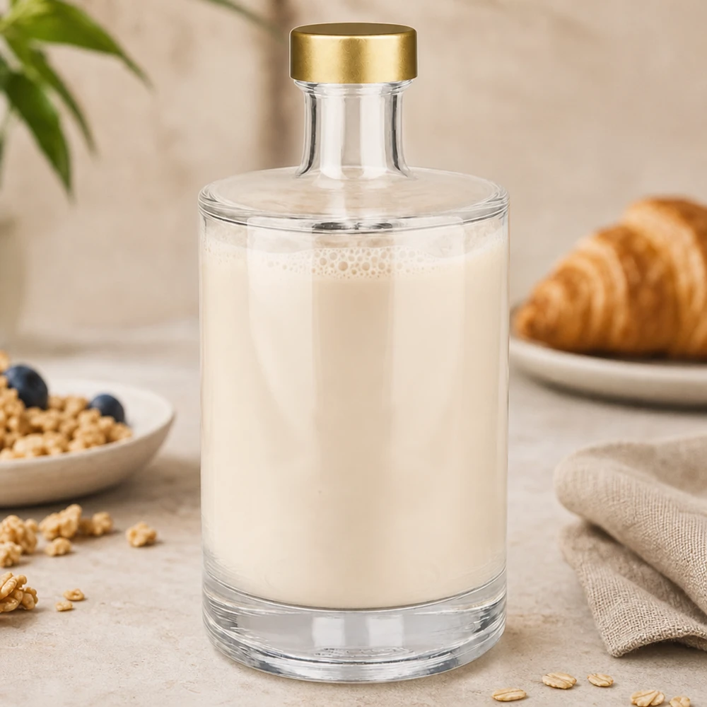 500 ml glasflaska Sam + skruvkork guld UNiTWIST® 500 ml glasflaska Sam fylld med vit mjölk gyllene UNiTWIST-kork Frukoststämning Croissanter Nötter