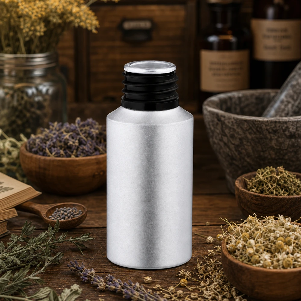 30 ml flaska i picklad aluminium Robust 30 ml flaska i betad aluminium med bred hals för enkel påfyllning av tinkturer och extrakt