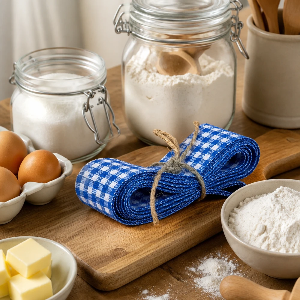 Blå- och vitrutigt tygband 300 cm placerat på en träskiva mellan bakingredienser som mjöl, ägg och smör
