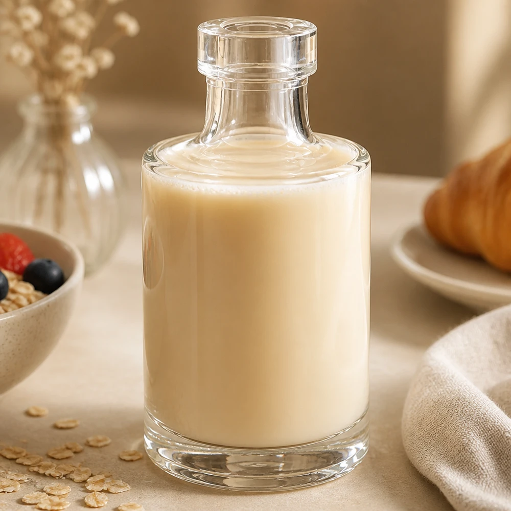 100 ml glasflaska Marie utan lock UNiTWIST® 100 ml Marie-glasflaska med krämigt innehåll i en stilren köksmiljö med müsli och havreflingor som dekoration