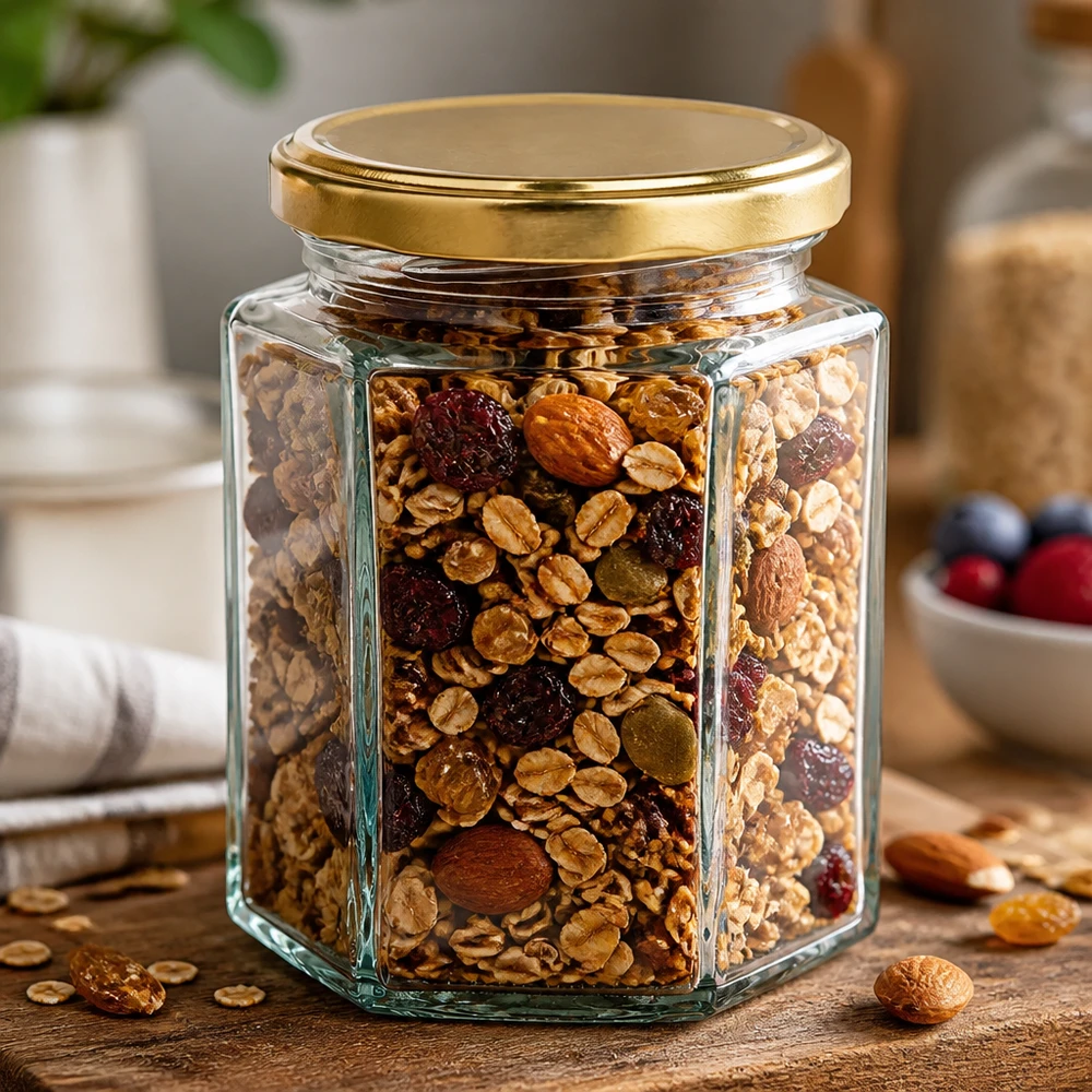 191 ml Hexaglas + BasicSeal-lock i guld UNiTWIST® 191 ml Hexaglas UNiTWIST med guldfärgat BasicSeal-lock, fylld med granola och torkad frukt