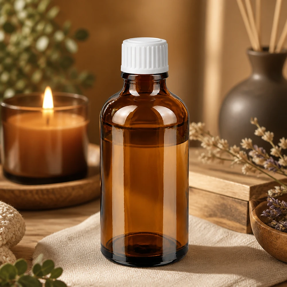 50 ml brun glasflaska med vit doseringskork för eteriska oljor och aromaterapi