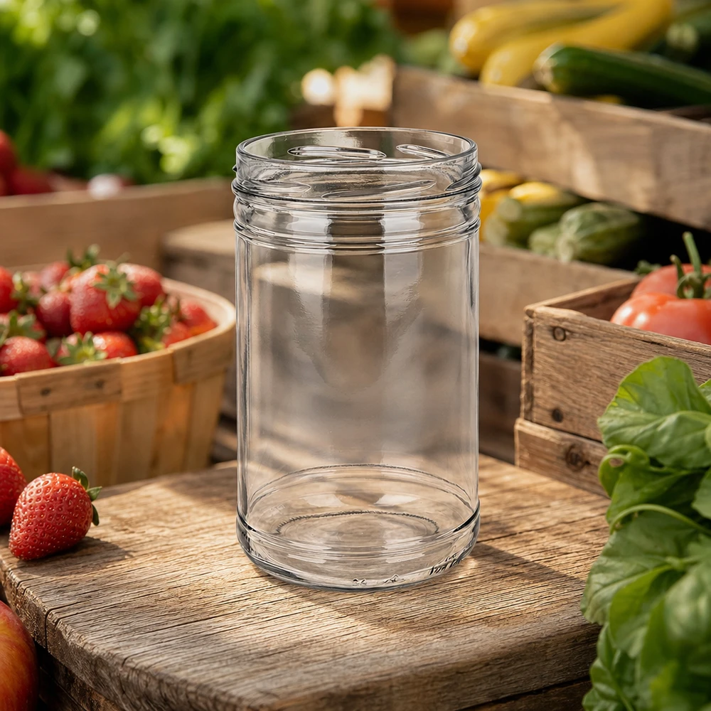 UNiTWIST tumblers 1053ml TO100 tom konserveringsburk mellan färska grönsaker och jordgubbar på träbräda i kök