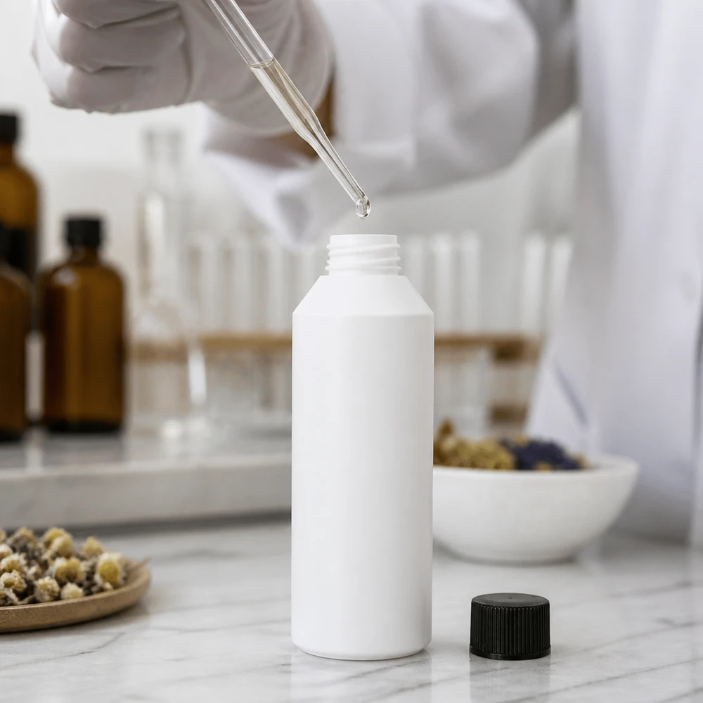 Cylindrisk vit plastflaska på 250 ml med svart lock på en marmoryta i laboratoriet
