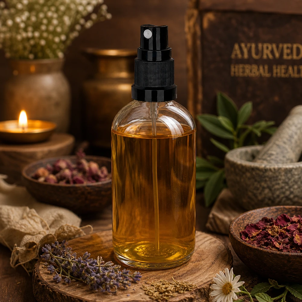 Ayurvedisk sprayflaska för örtolja, 100 ml, genomskinligt glas med svart sprutmunstycke, ClearLine UT18