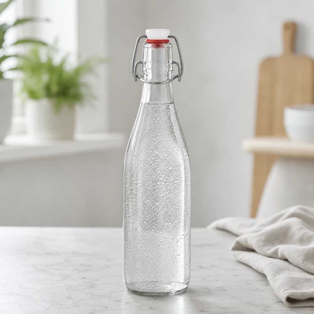 500 ml glasflaska med svängbar topp fylld med kolsyrat vatten modern köksflaska vattenflaska med kolsyra
