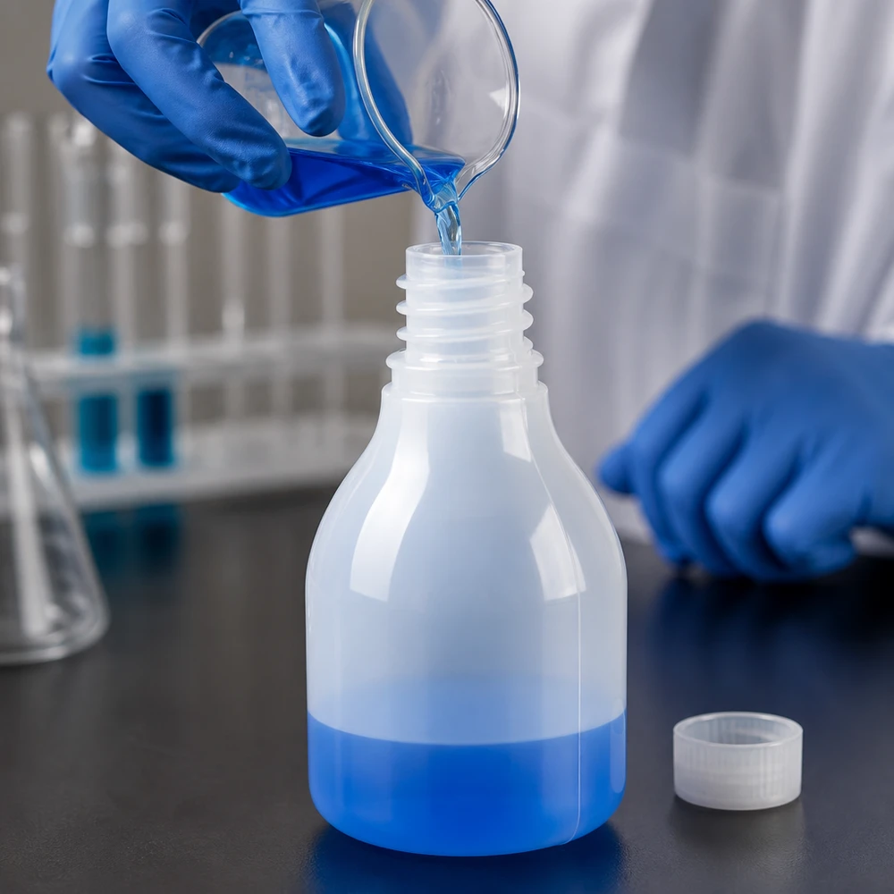 En 30 ml laboratorieflaska med smal hals utan lock fylls med blå vätska