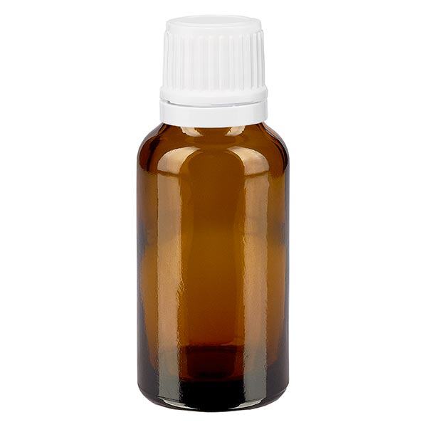 Apoteksflaska brun 20ml med vitt skruvlock och säkerhetsförslutning Apoteksflaska brun 20ml med vitt skruvlock och säkerhetsförslutning