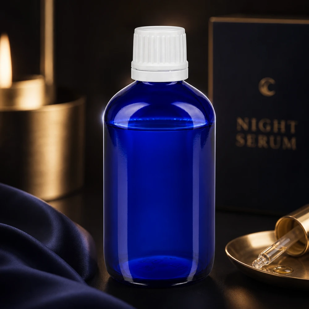 Apoteksflaska blå 20ml droppflaska vit barnskyddande standard Blått apotekerglas på 20 ml med 1,2 mm droppinsats och barnsäker vit skruvkork
