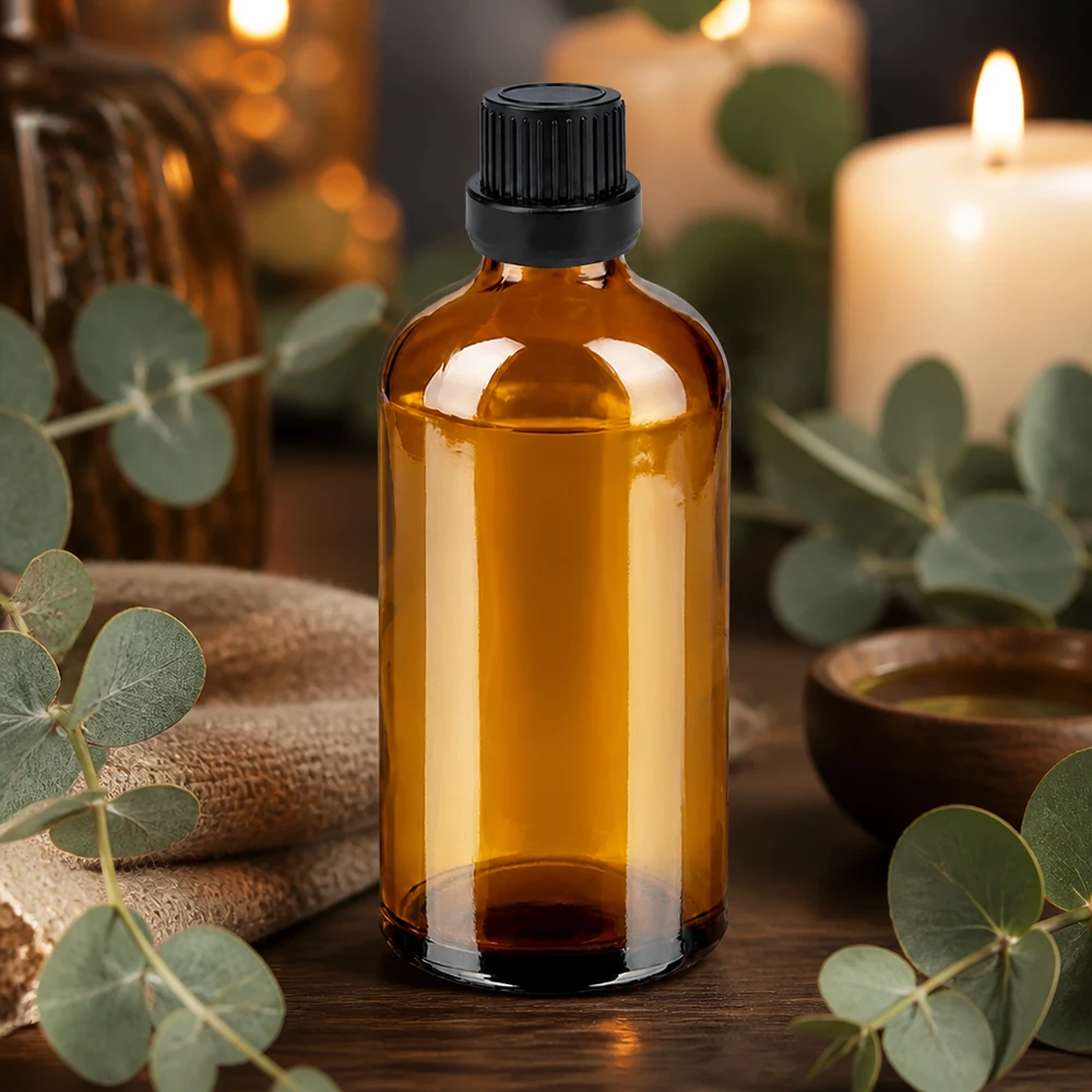 Högkvalitativ 100 ml bärnstensfärgad glasflaska med UV-skydd och svart lock för aromaterapi