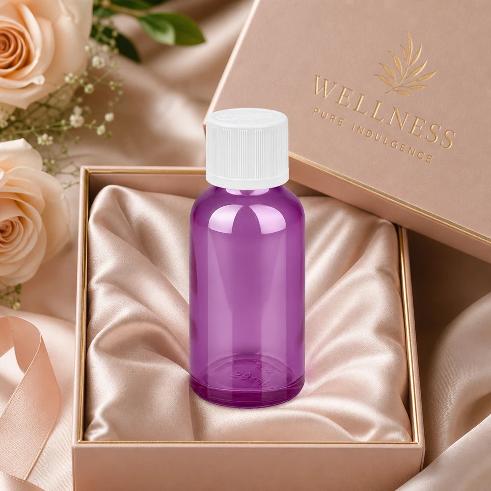 30ml droppflaska 1,2mm vit standard barnsäker PurpleLine.UT18/30 Premium wellness droppflaska 30ml i elegant lila med högkvalitativ finish för lyxkosmetika