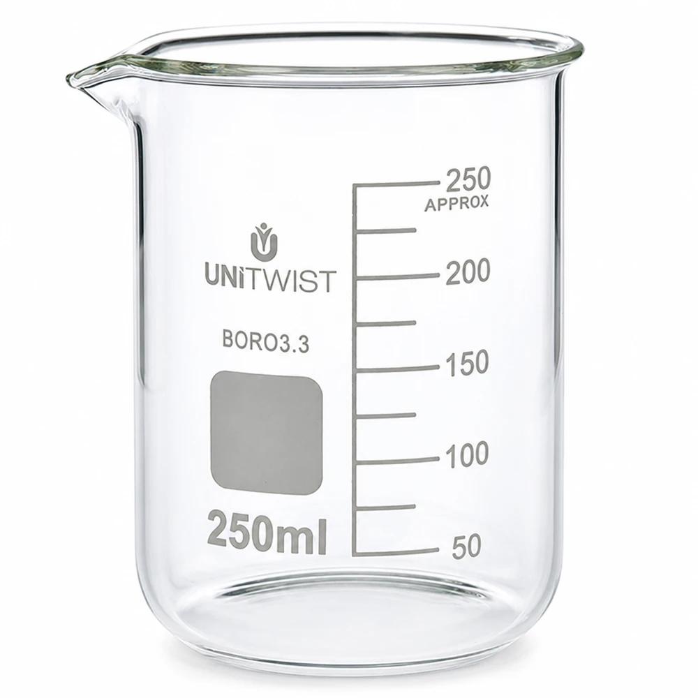 Bägare 250ml borosilikat, lågformad UNiTWIST 250 ml bägare av borosilikatglas, låg form, UNiTWIST, med milliliterskala upp till 250 ml