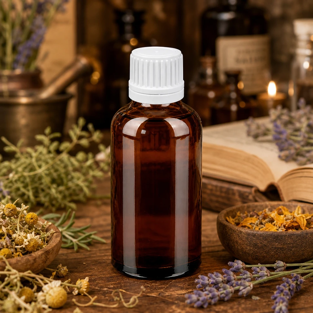 50 ml Droppflaska 0,7 mm vit med säkerhetsförslutning BrownLine UT18/50 50 ml droppflaska tillverkad av högkvalitativt bärnstensfärgat glas med vitt skruvlock för säker förvaring