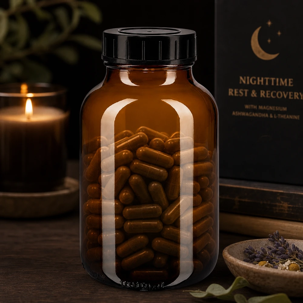 1000 ml bärnstensfärgad glasflaska med bred öppning och svart lock för enkel påfyllning