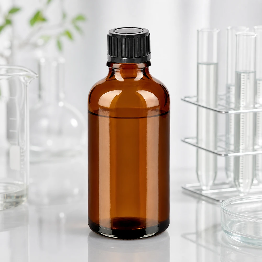 Kompakt 50 ml bärnstensfärgad glasflaska med svart skruvlock för laboratorie- och medicinskt bruk