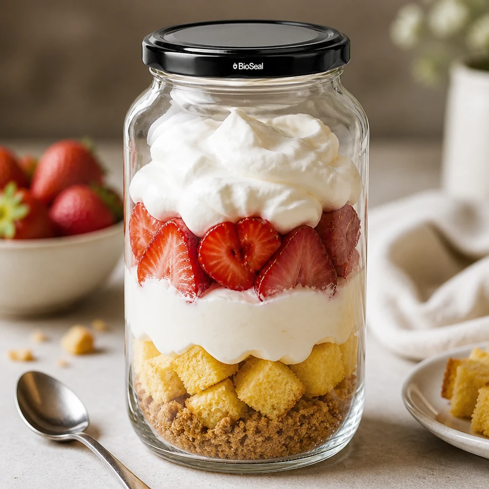 1062ml rund burk med BioSeal-lock svart UNiTWIST UNiTWIST Rundglas 1062 mit schwarzem TO82 BioSeal Deckel als Dessertglas mit Erdbeeren und Sahne Schichtdessert