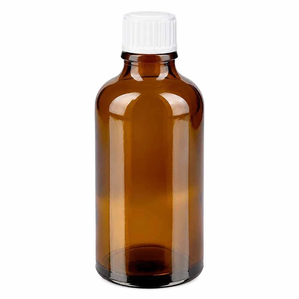 Apoteksflaska brun 50ml skruvkork vit standard 50 ml brun apoteksflaska i glas med vitt skruvlock, 11 mm
