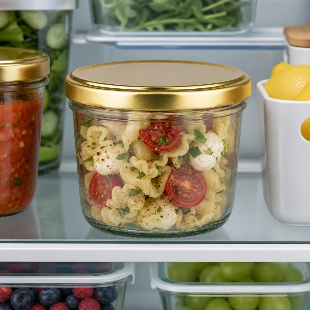 230 ml BasicSeal guldglas i kylskåpet fyllda med pastasallad tillsammans med andra förvaringsbehållare