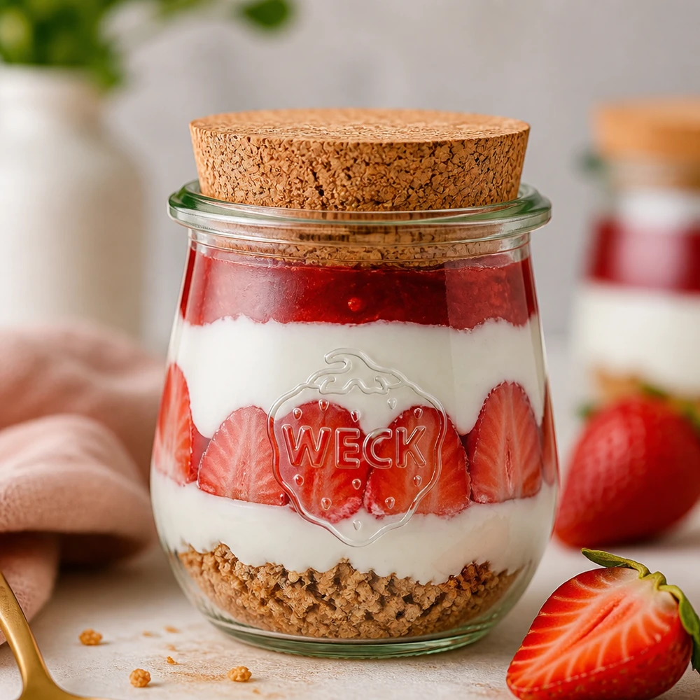 220ml tulpanburk WECK RR60 med kork natur WECK Tulpenglas 220ml RR60 mit Korken für Desserts Joghurt und Overnight Oats kreative Küchendeko mit Erdbeeren