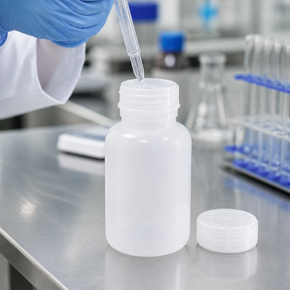 250 ml laboratorieflaska med bred hals och skruvkork Handliche 250ml Laborflasche mit Weithalsöffnung beim Befüllen mit einer Transferpipette