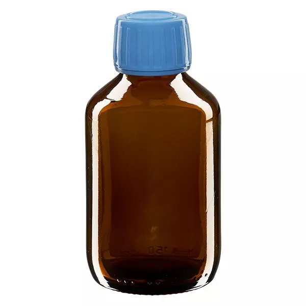 150 ml medicinflaska brun, blått lock med säkerhetsring ApoGlas 150 ml medicinflaska brun, blått lock med säkerhetsring ApoGlas