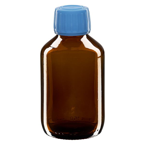 150 ml medicinflaska brun, blått lock med säkerhetsring ApoGlas 150 ml medicinflaska brun, blått lock med säkerhetsring ApoGlas