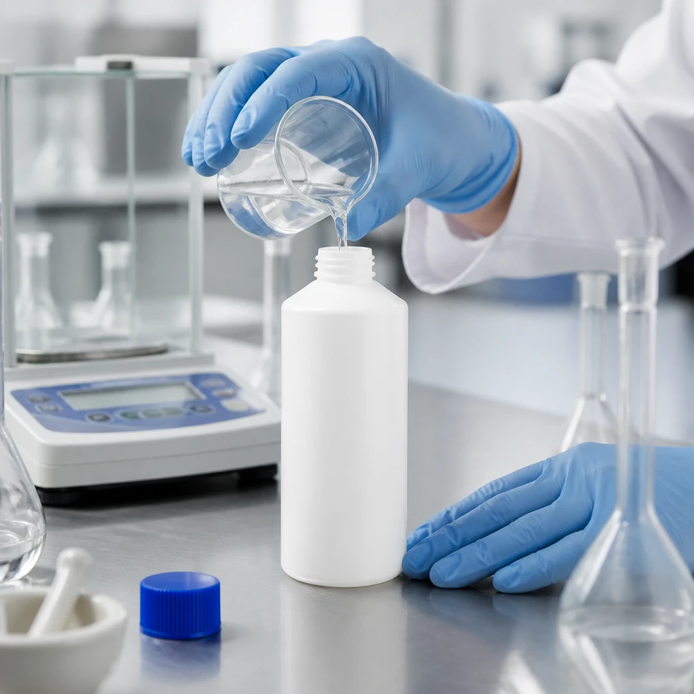 Apoteksflaska HDPE 100ml vit, med blått skruvlock Apoteksflaska av HDPE, 100 ml, vit med blå SV, vid påfyllning av klar vätska i laboratoriet