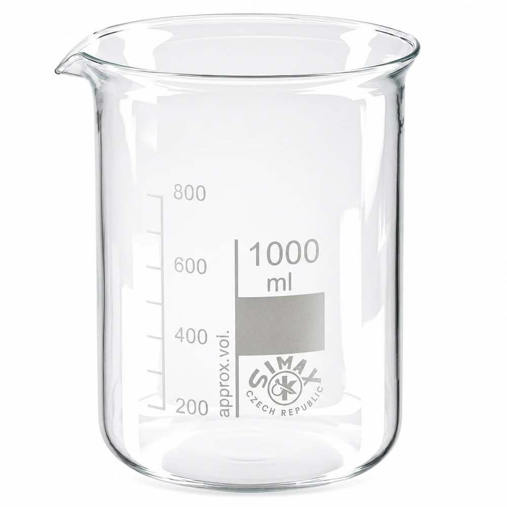Lågformad bägare 1000 ml borosilikatglas med pip för exakt laboratoriearbete