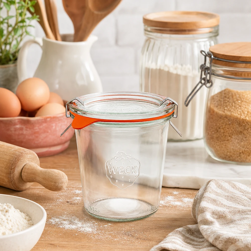 290ml höga Krossade glasögon komplett WECK RR80 WECK muggar 290ml RR80 tomma i naturlig köksmiljö med bakingredienser mjöl ägg och träredskap