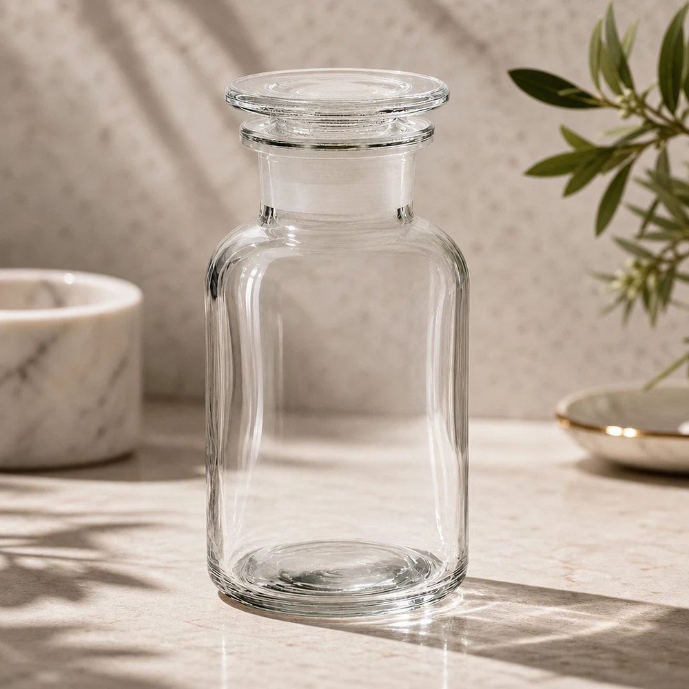 Tom rundskuldrad flaska på 250 ml av klart glas med bred hals och påsatt glaspropp