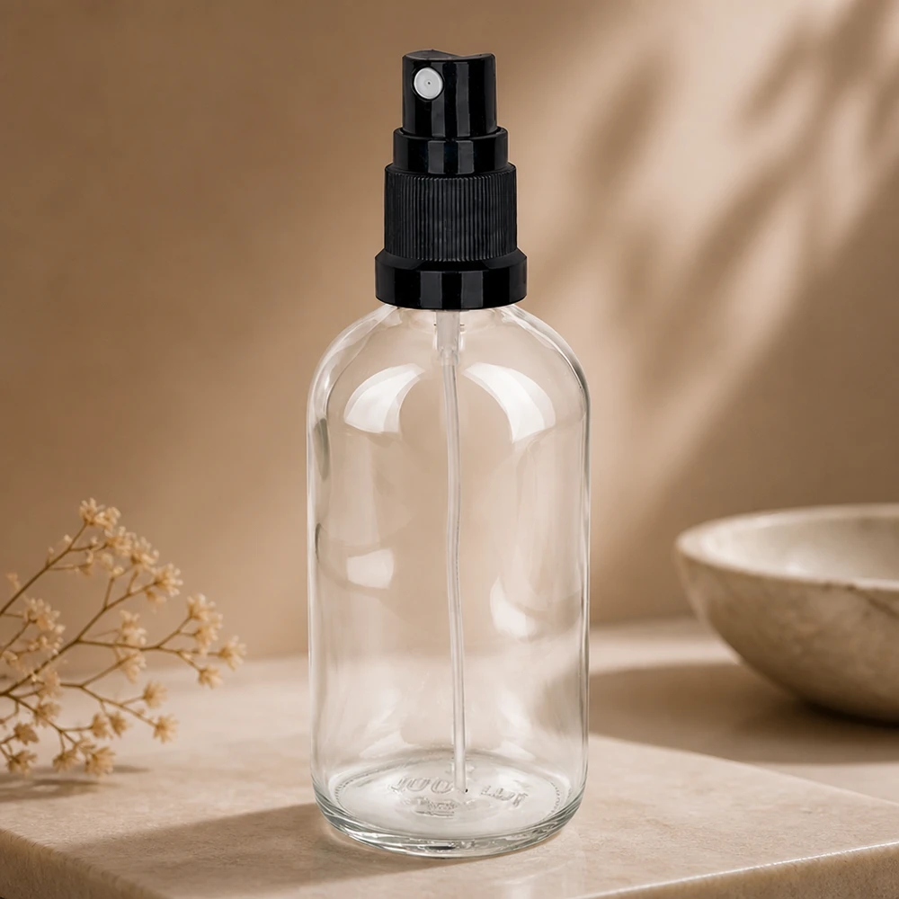 Genomskinlig 100 ml-sprayflaska i glas med svart finfinsprutmunstycke på en ljus marmorfot