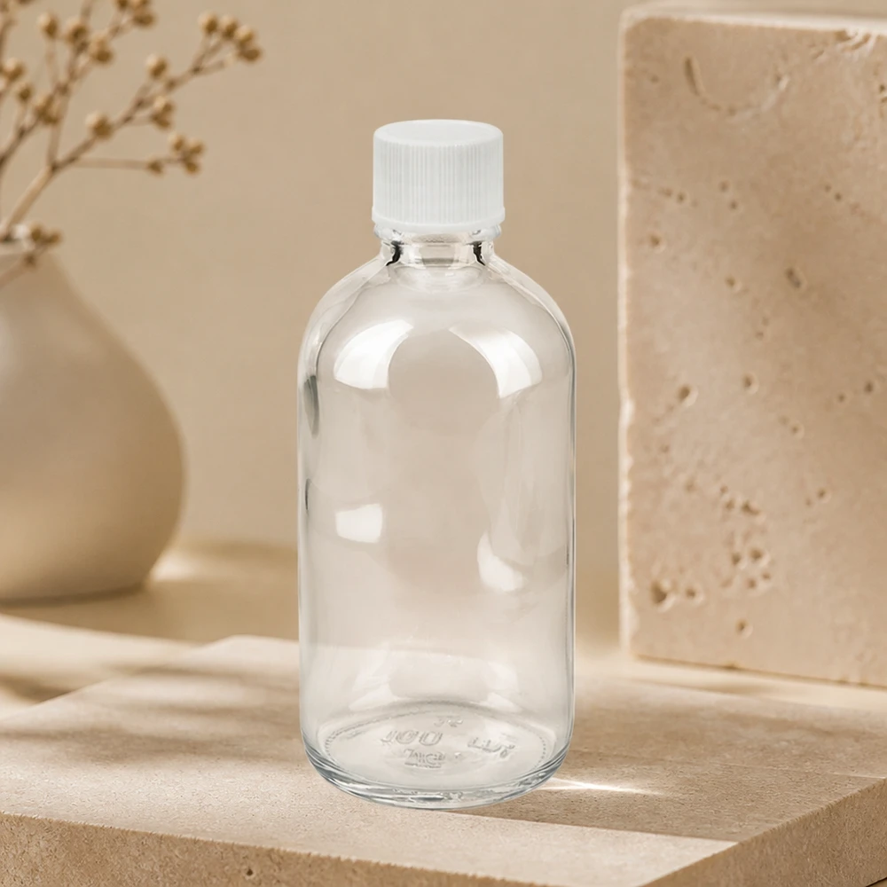 Tom 100 ml apoteksflaska i klart glas med vitt skruvlock, STD ClearLine, läkemedelsförpackning