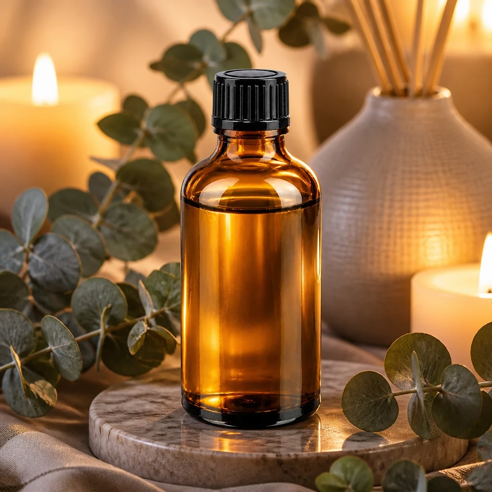 Bärnstensfärgad glasflaska på 50 ml med svart droppkork för eteriska oljor