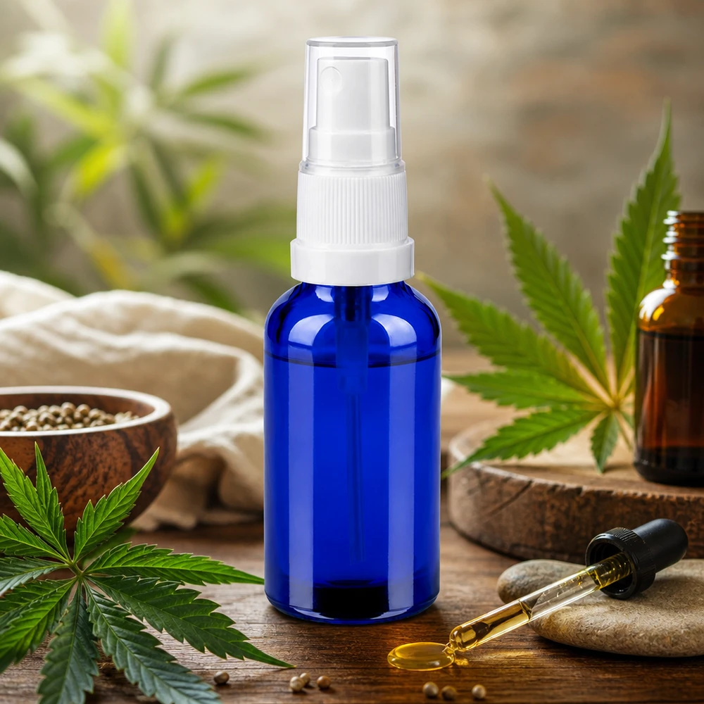 30 ml blå glasflaska med transparent sprayhuvud för naturlig hudvård och välbefinnande