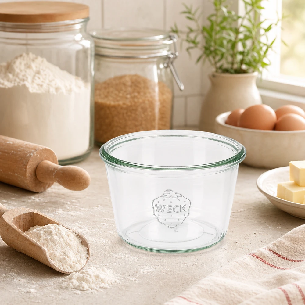 WECK glasburk 370ml RR100 i köket med bakingredienser och köksredskap