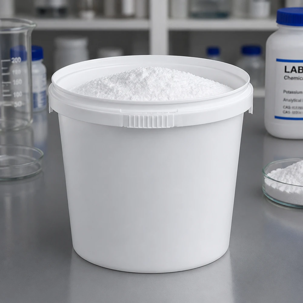 1-liters hink av vit polypropylenplast utan lock Laboratoriemiljö med en vit PP-hink på 1 liter utan lock, fylld med ett vitt kemiskt pulver