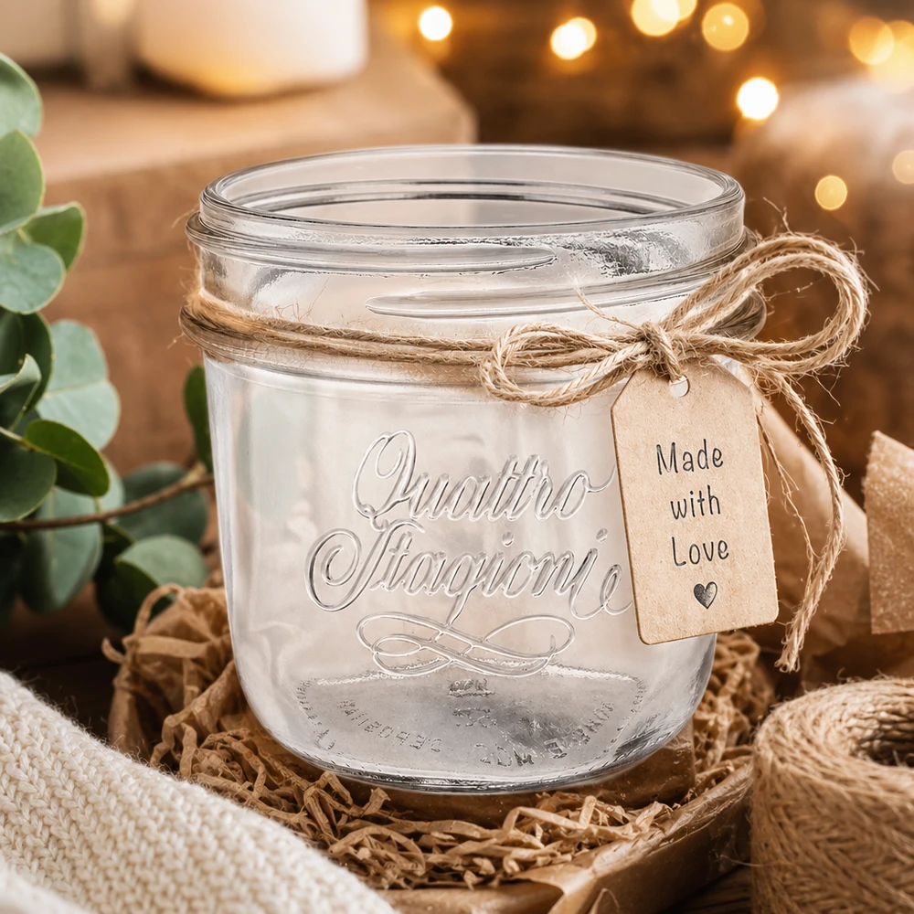 200ml "Quattro Stagioni" krossade glasögon QS86mm 200 ml Quattro Stagioni smyckesburk med juteband och Made with Love-hänge i rustik dekoration