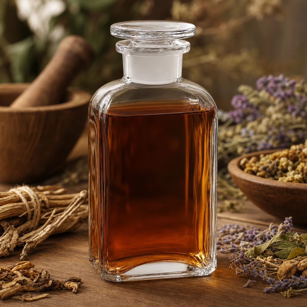 Fyrkantig flaska 250ml klar glaspropp med bred hals Fyrkantig flaska, 250 ml, klart glas med örter och propp, avsedd för naturmedicin och fytoterapi