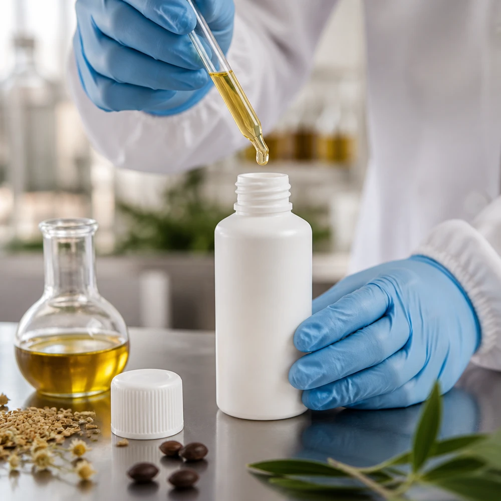 Apoteksflaska HDPE 50ml vit, med vitt skruvlock Vit plastflaska på 50 ml med dropppipett och naturliga extrakt tillverkad i en läkemedelsfabrik