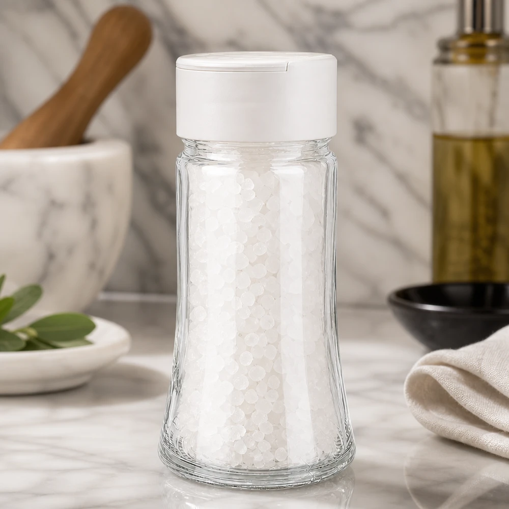 Salt- och kryddburk 95 ml med dubbel ströare, vit Salt- och kryddburk 95 ml med vit dubbelströare, fylld med grovt havssalt på marmorunderlag