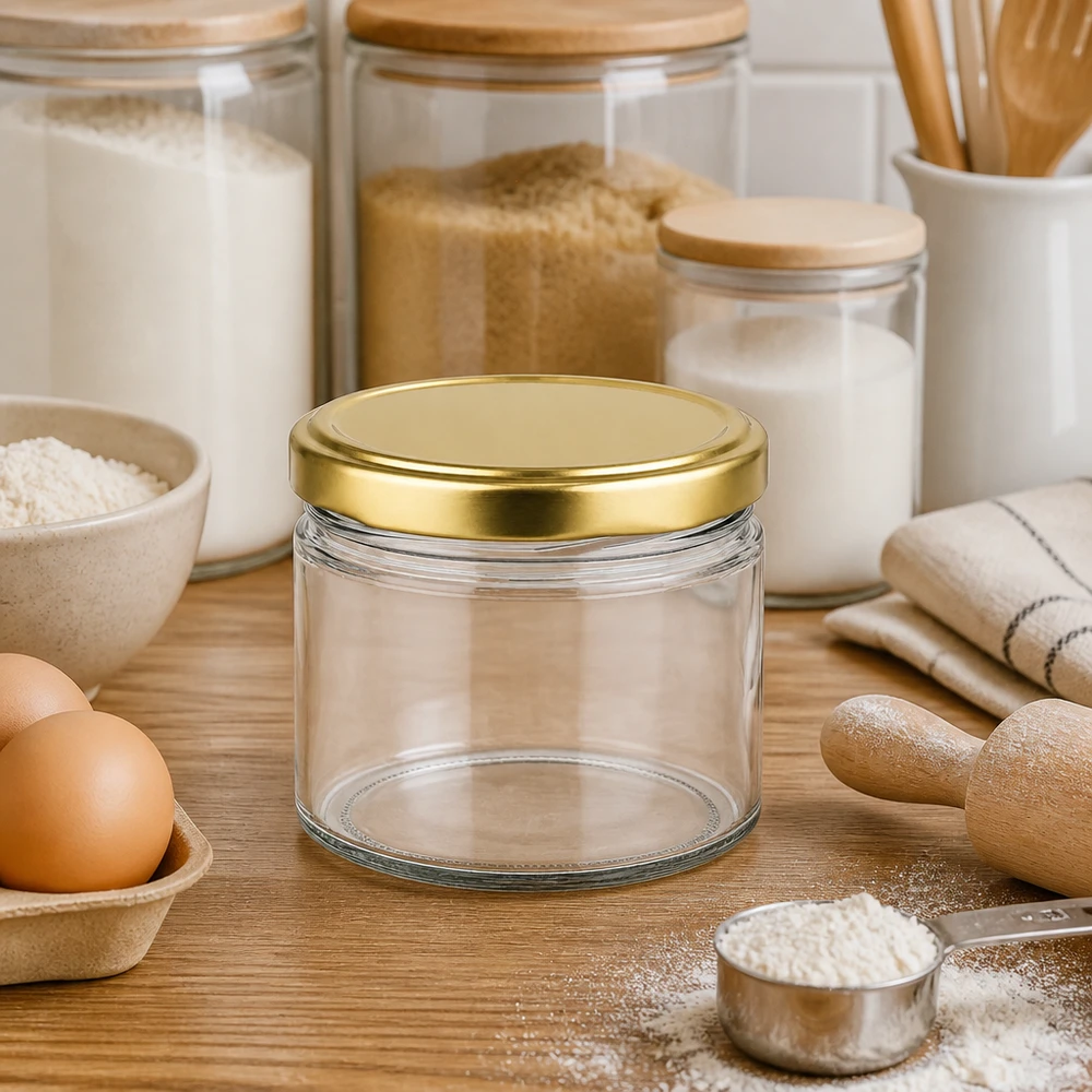 540ml rund burk med BasicSeal-lock guld UNiTWIST 540 ml rund burk med gyllene BasicSeal-lock i ett modernt kök mellan förvaringsburkar och bakingredienser