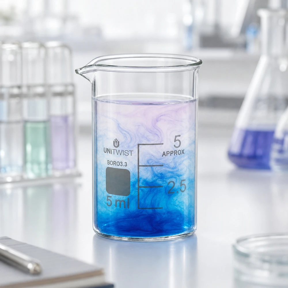 Bägare 5ml borosilikat, låg form UNiTWIST Litet laboratoriebägareglas, 5 ml, av borosilikatglas 3.3, med blå färgskugga och gradering