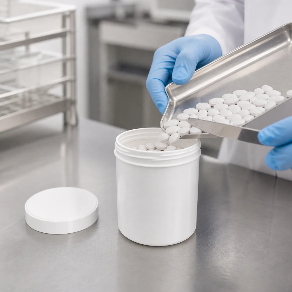 Vit plastburk på 20 g med skruvlock för farmaceutisk fyllning i laboratoriet