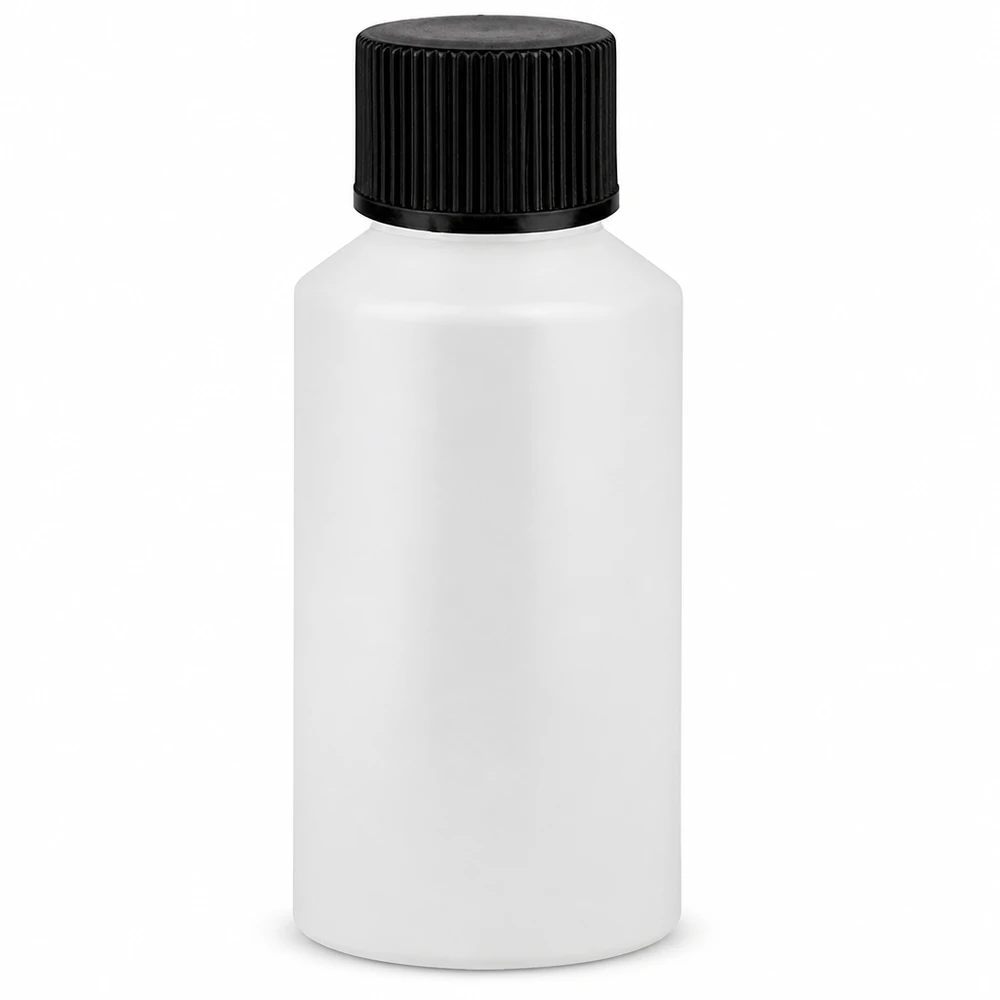 Apoteksflaska HDPE 50ml vit, med svart skruvlock Apoteksflaska i HDPE, 50 ml, vit med svart skruvlock för farmaceutiska tillämpningar