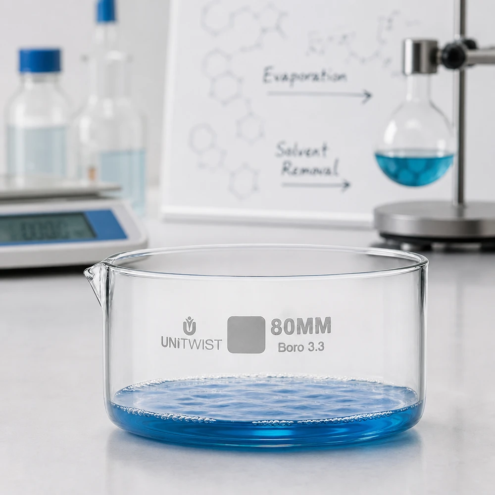 Kristallisationskärl ø80 mm, borosilikatglas UNiTWIST UNiTWIST kristallisationsskål, ø80 mm, borosilikatglas 3.3, med blå vätska på en vit laboratorieyta