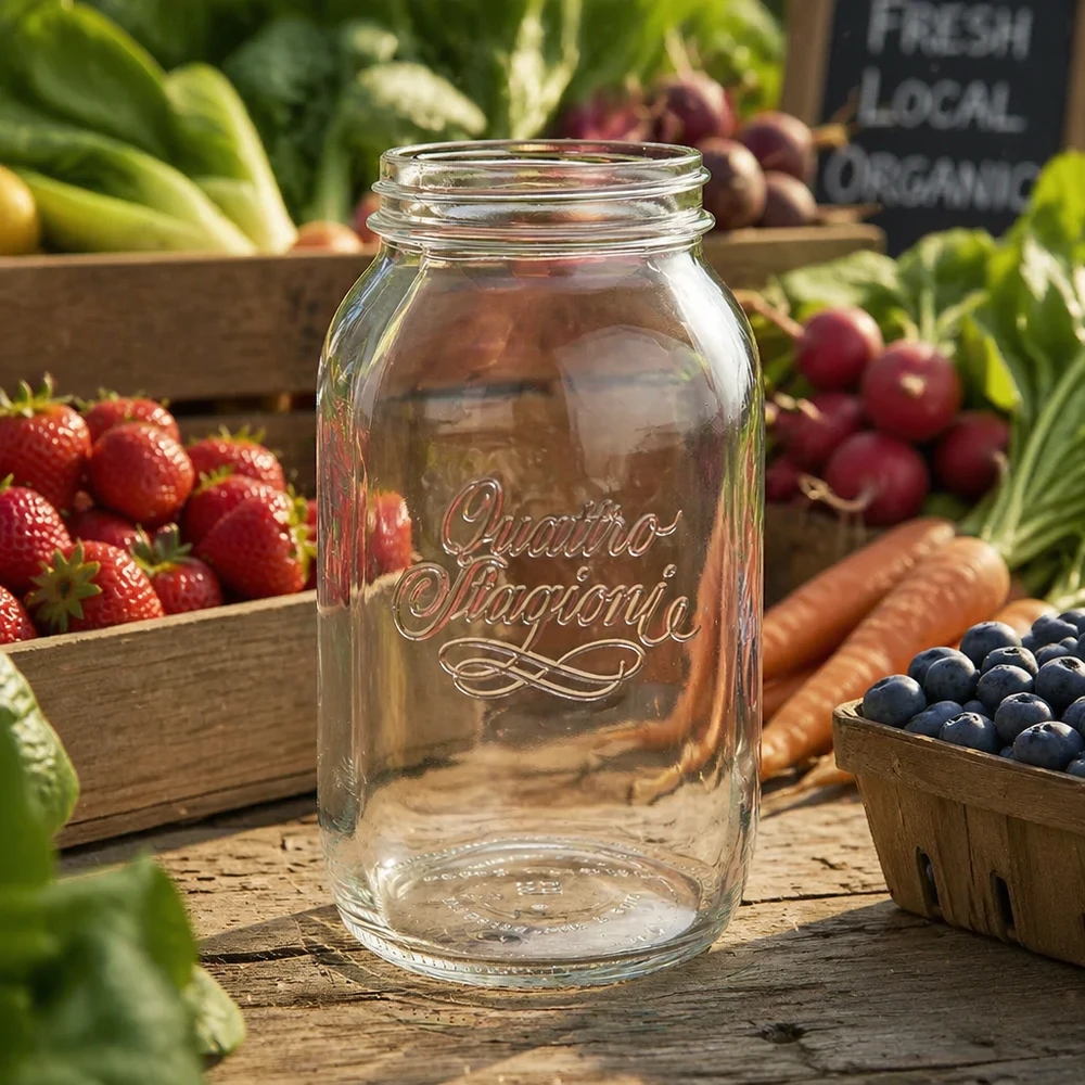 1500ml runt glas "Quattro Stagioni" QS86mm 1500 ml Quattro Stagioni hushållsburk konserveringsburk på träbord med färsk frukt och grönsaker i bakgrunden