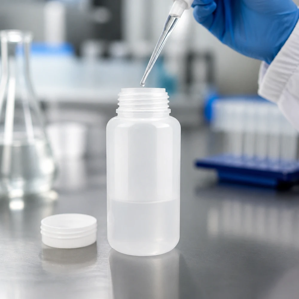 1000ml laboratorieflaska med bred hals utan lock Vit 1000 ml laboratorieflaska av plast med vid hals och öppen topp på ett bord av rostfritt stål med pipett i laboratoriet