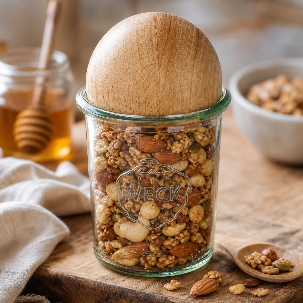 WECK RR60 160 ml glas med bokboll fylld med nötter, dekorativt arrangerade på en träskiva med honung