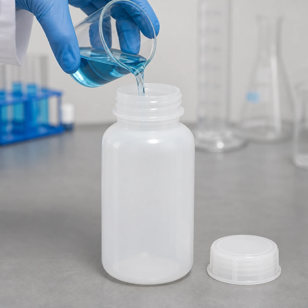 500ml laboratorieflaska med bred hals och skruvkork Weithals-Laborflasche 500ml mit abgestelltem Deckel beim Befüllen mit blauer chemischer Lösung